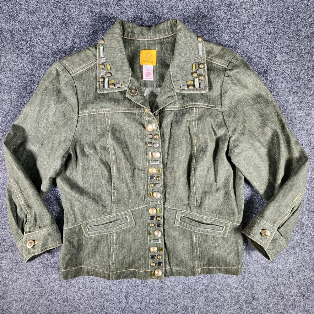 Ruby Rd Beaded‎ Embellished Green Denim Jacket Women's Size 12 Boho